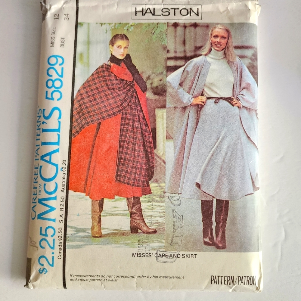 Halston McCall's 5829 Cape and Skirt Pattern Vintage Size 12 UNCUT